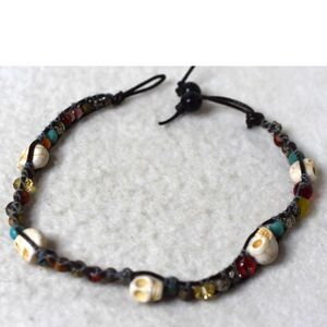 Gothic Punk Trendy SKulls & Beads Black Leather Cord 12" Choker Necklace